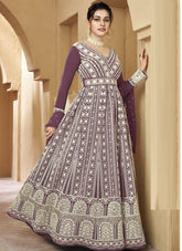 Heavy Faux Georgette Embroidered Gown in Purple
